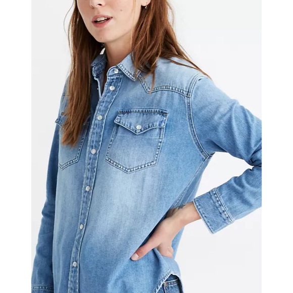 Madewell Oversized Western Snap Button Up Shirt Blue XXS - Picture 2 of 6